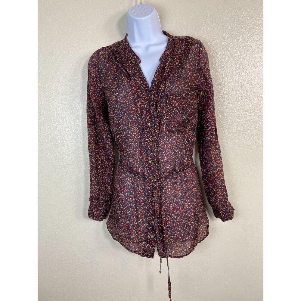 Anthropologie Heartloom 100% Silk Long Sleeve Button Up Tunic Top‎ size XS Sheer